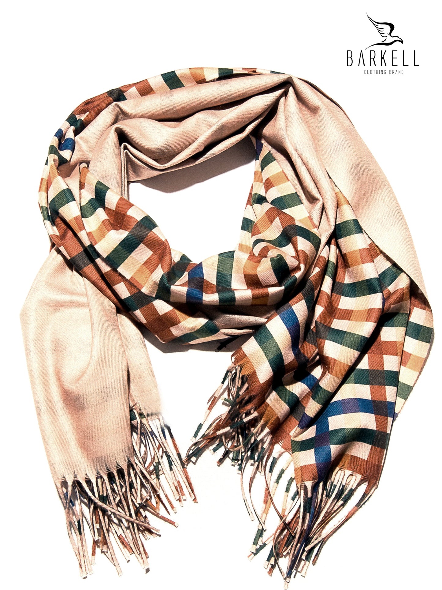 Sciarpa in Lana e 15% di Cashmere di Alta Qualità Fantasia Scozzese fondo Beige