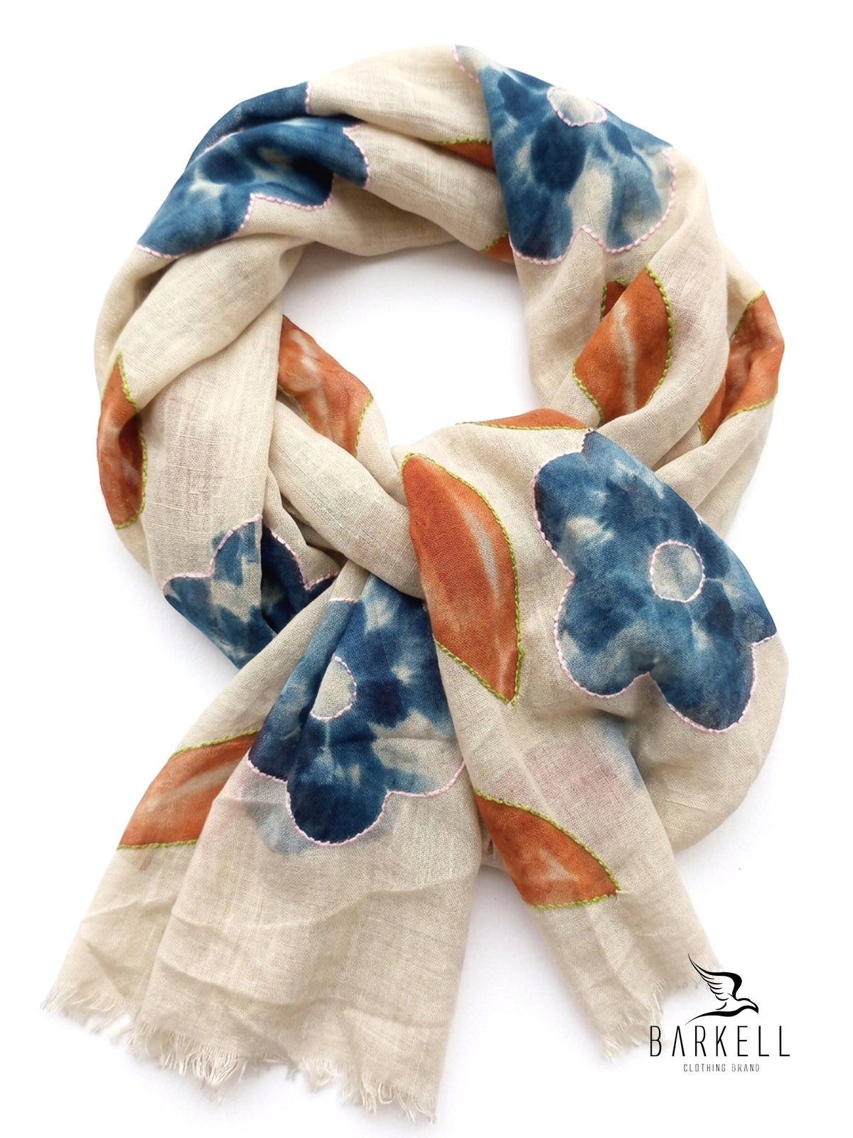 Scarf in High Quality Pure Wool with Embroidered Floral Pattern on Cream Background