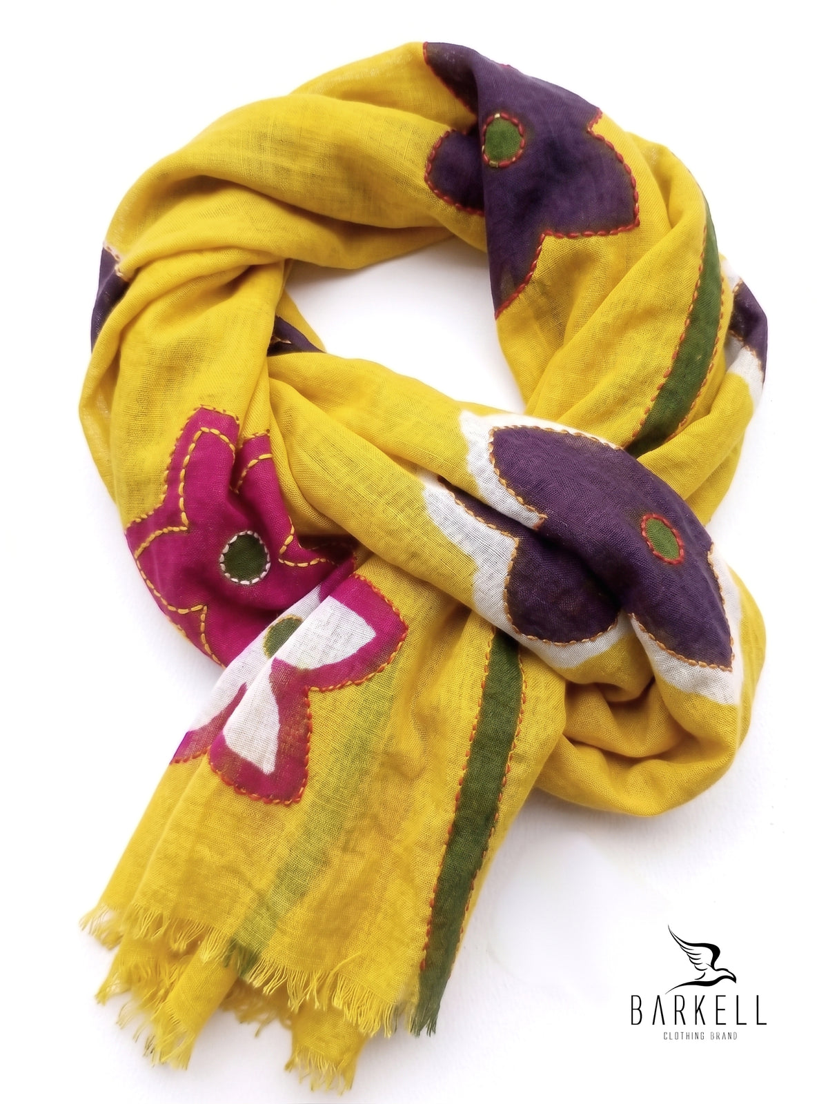 Scarf in High Quality Pure Wool with Embroidered Floral Pattern on Cream Background
