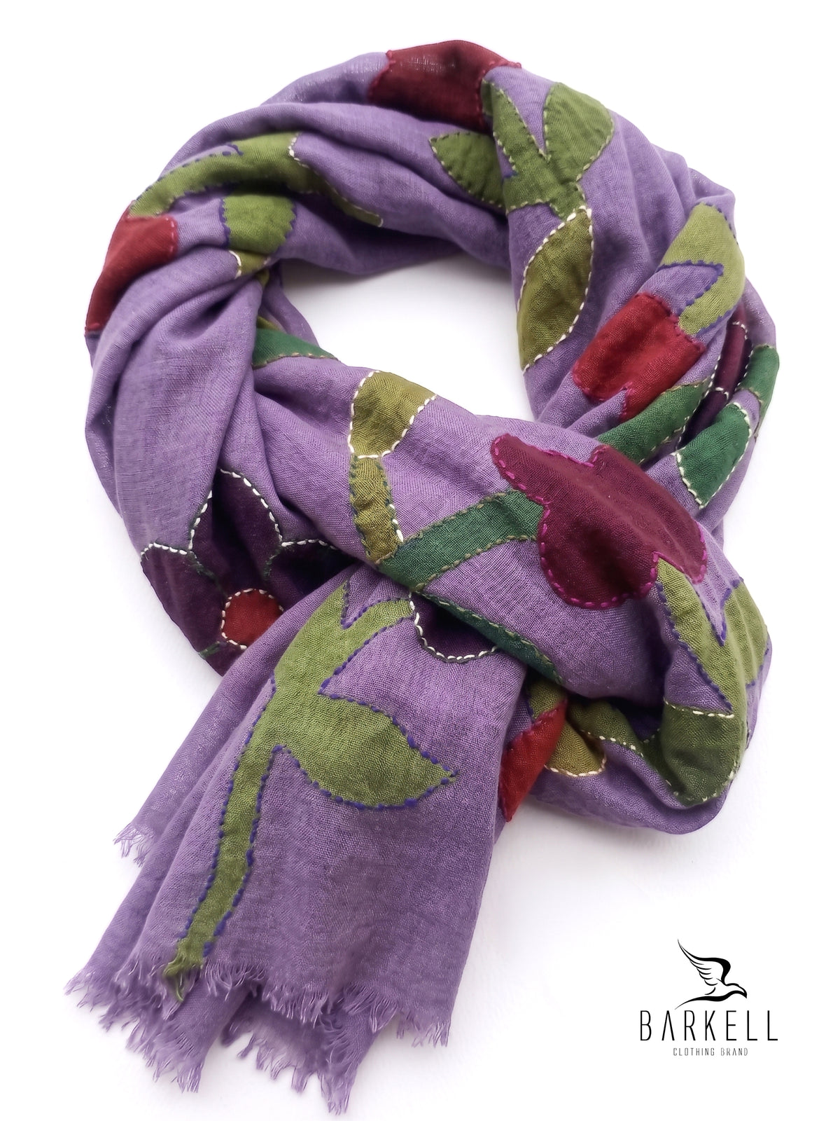 Scarf in High Quality Pure Wool with Embroidered Floral Pattern on Cream Background