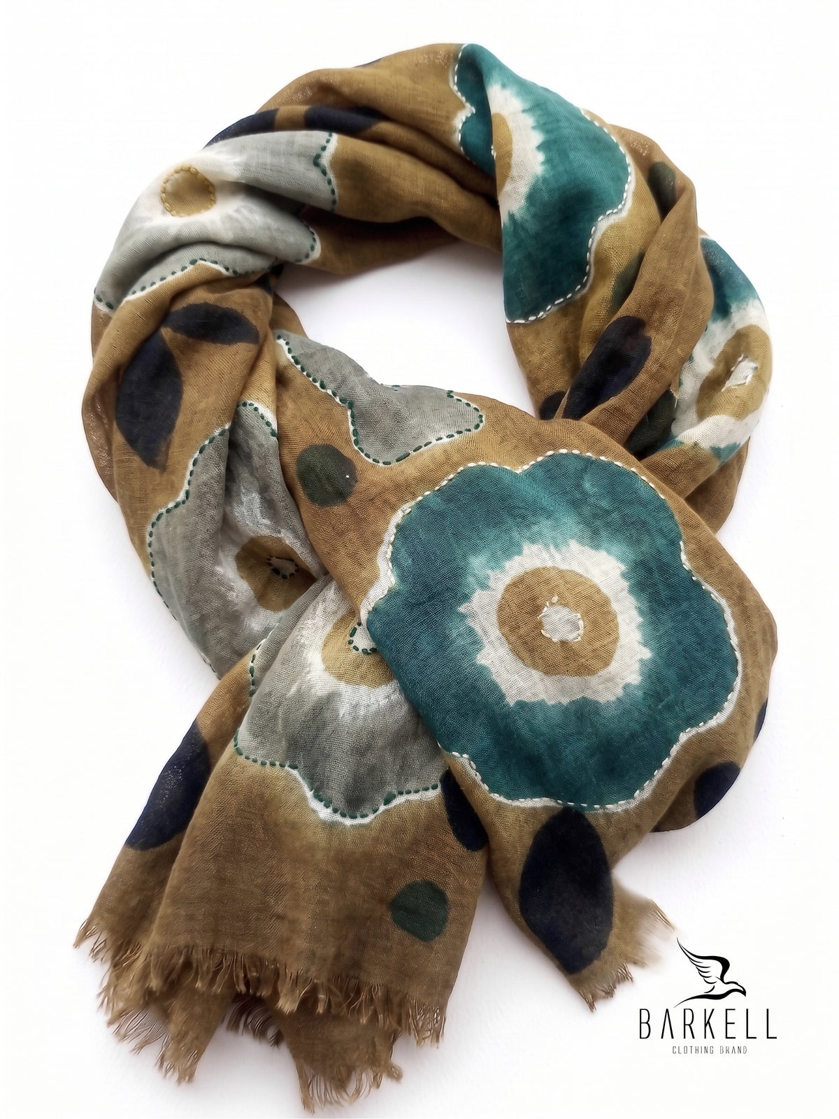 Écharpe en Pure Laine de Haute Qualité avec Motif Floral Brodé sur Fond Crème