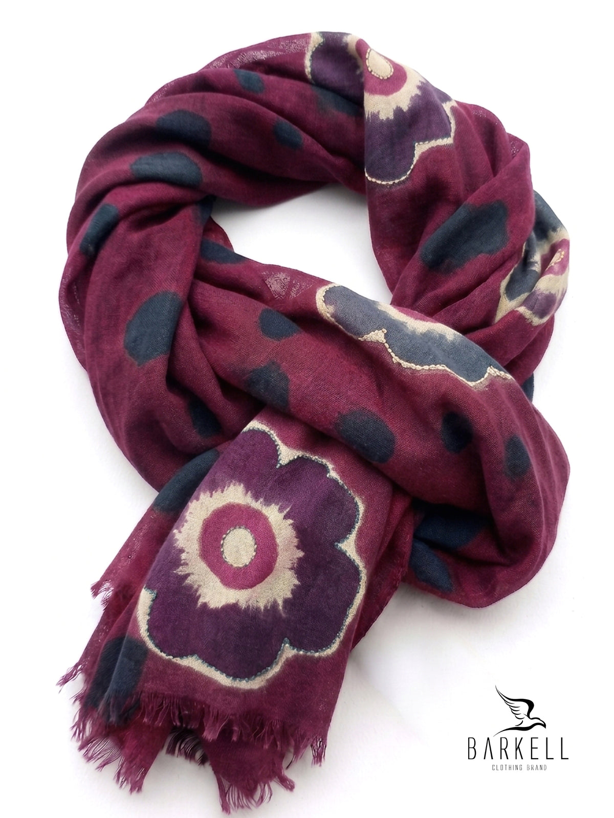 Scarf in High Quality Pure Wool with Embroidered Floral Pattern on Cream Background