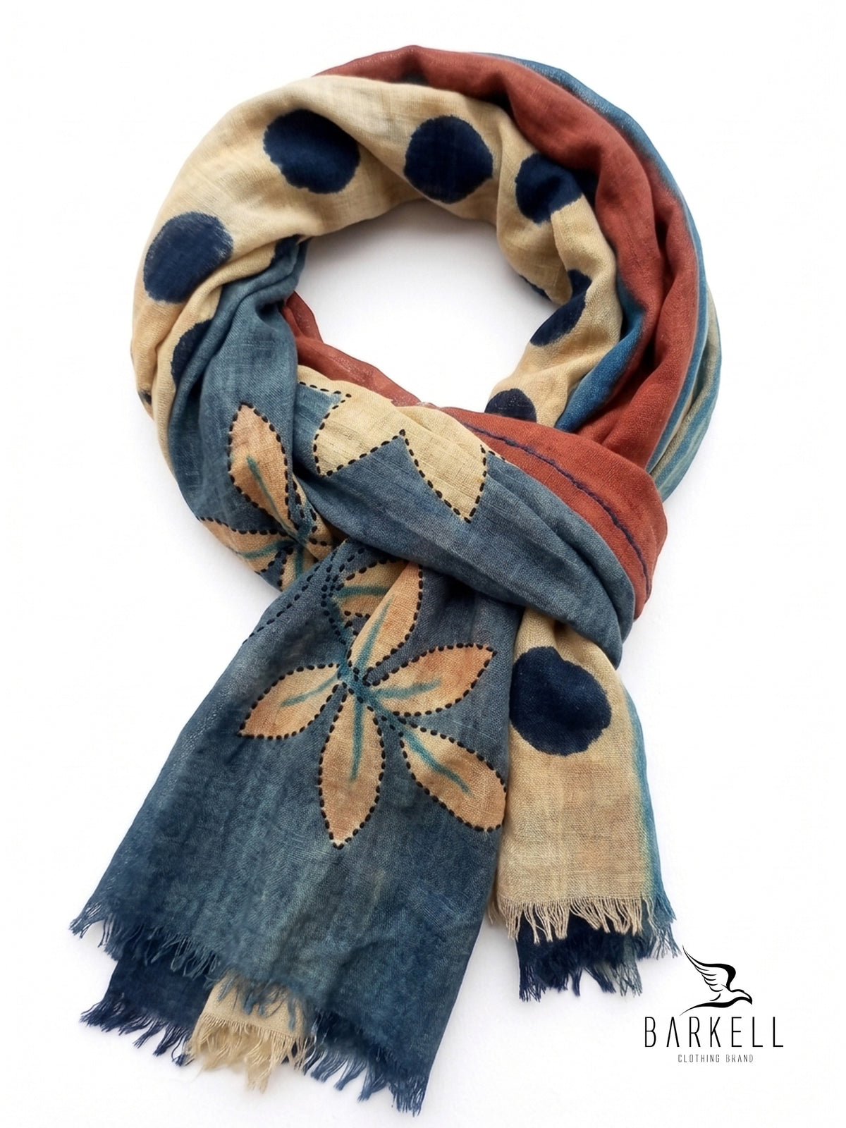 Scarf in High Quality Pure Wool with Embroidered Floral Pattern on Cream Background