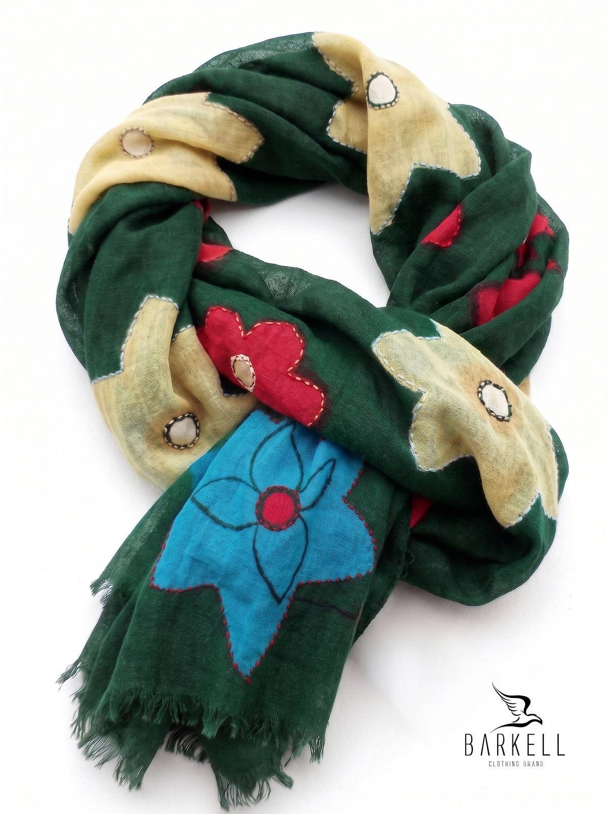 Scarf in High Quality Pure Wool with Embroidered Floral Pattern on Cream Background