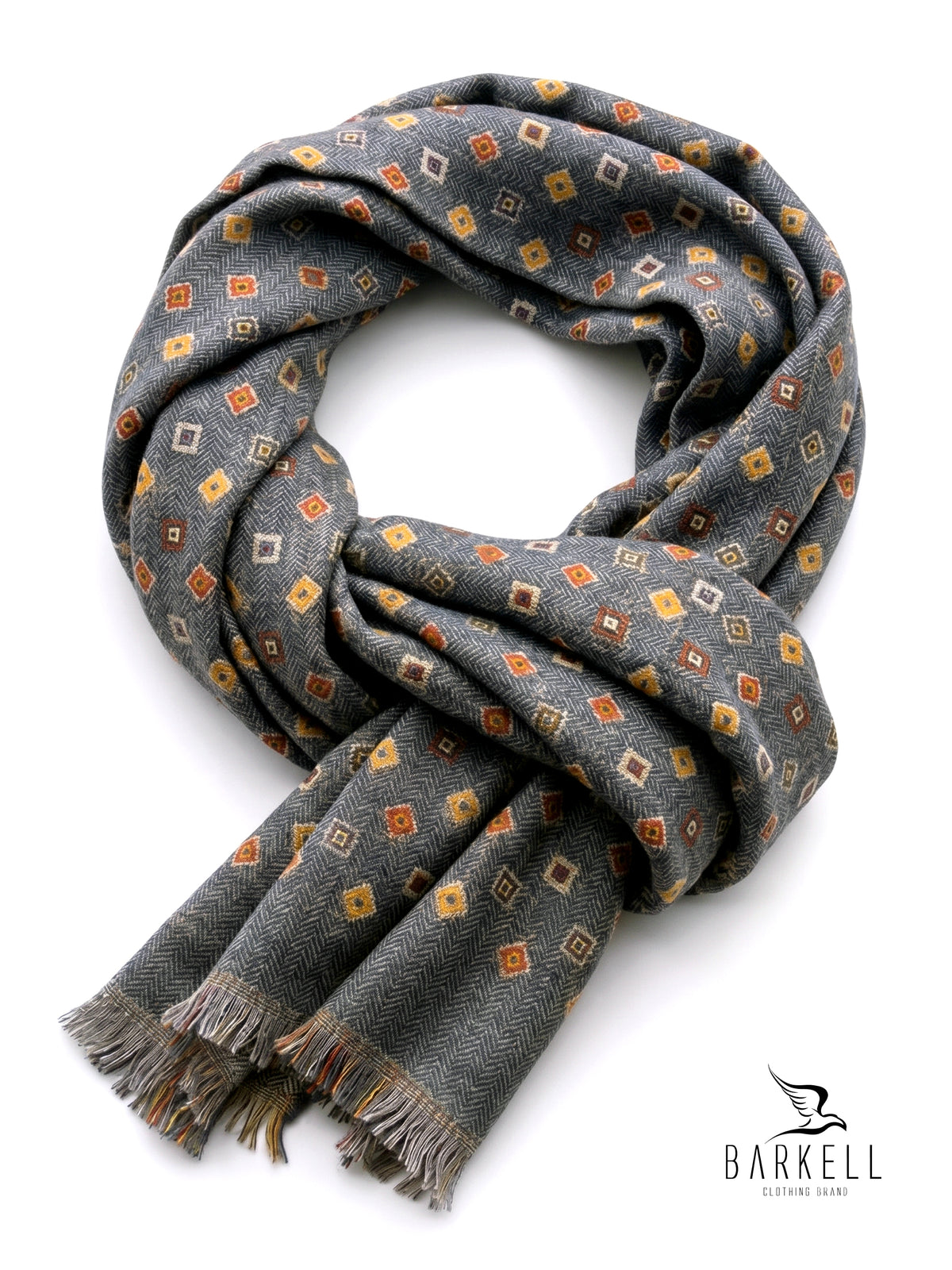 Scarf in High Quality Pure Wool with Multicolored Diamond Pattern on Gray Background