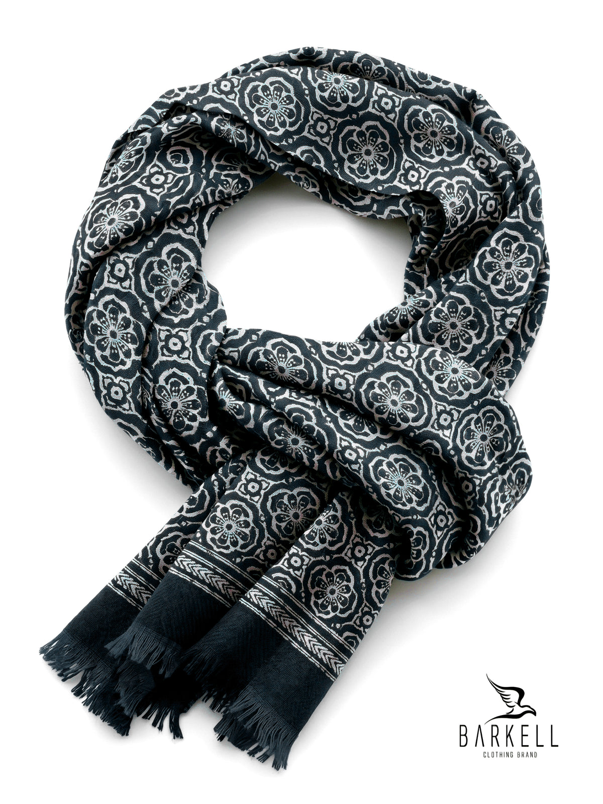 Écharpe en pure laine de haute qualité avec motif de fleurs crème et fond camel