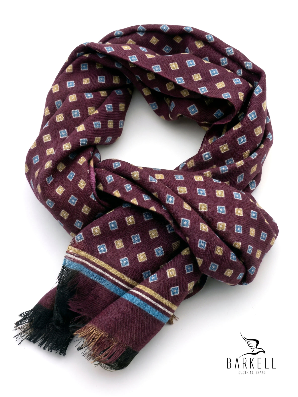 Scarf in High Quality Pure Wool with Multicolored Geometric Pattern on Brown Background