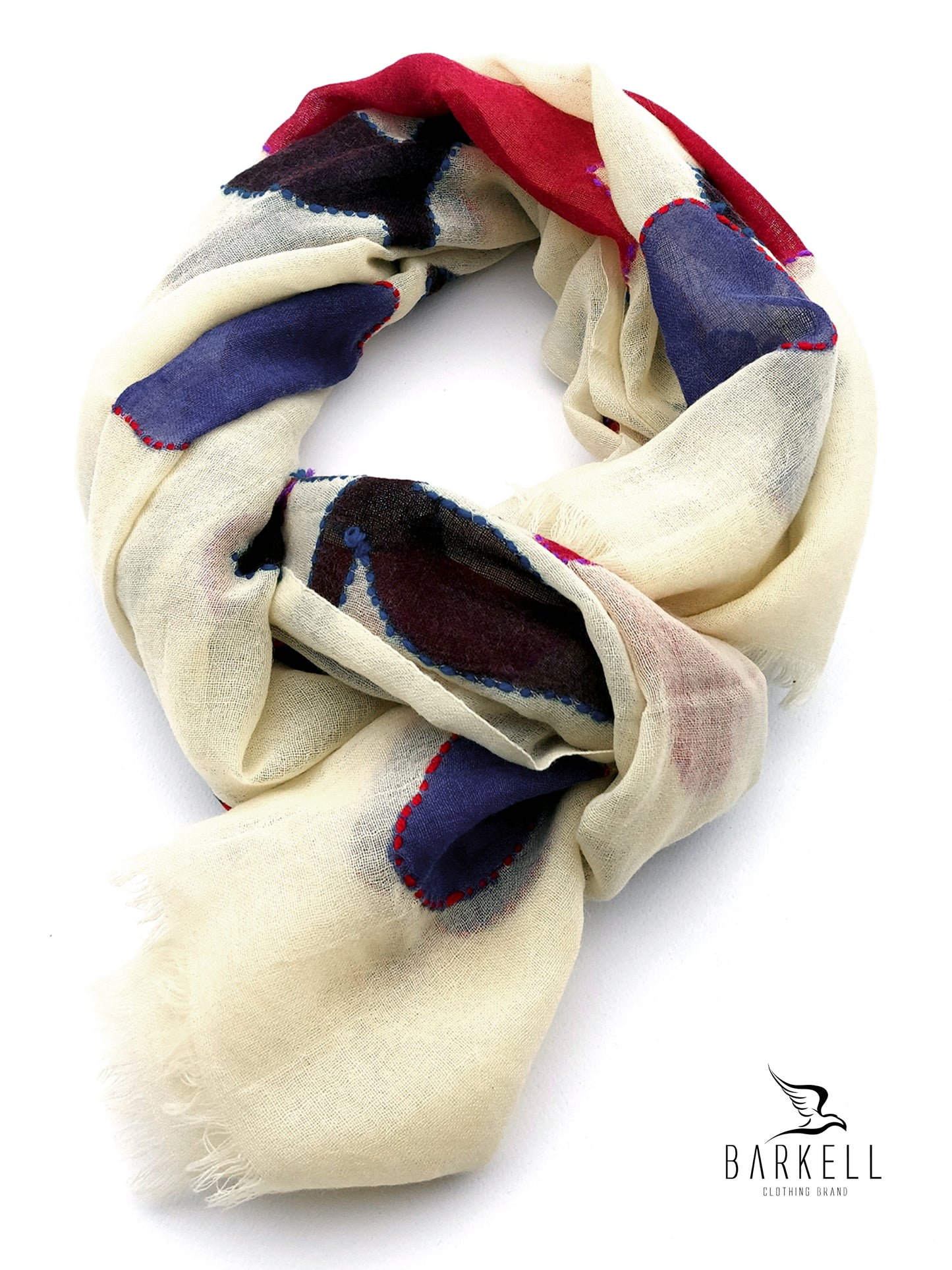 Sciarpa in Pura Lana di Alta Qualità Fantasia Floreale Ricamata Fondo Panna