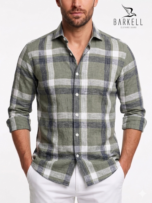 Camicia in Puro Lino Quadrone Grigio e Gesso Fondo Salvia Collo Francese Piccolo