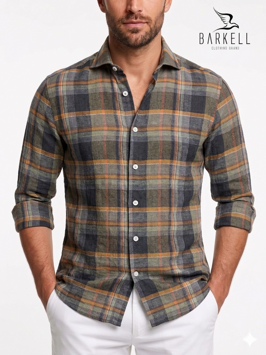 Camicia in Puro Lino Quadro Multicolor Fondo Fango Collo Francese Piccolo