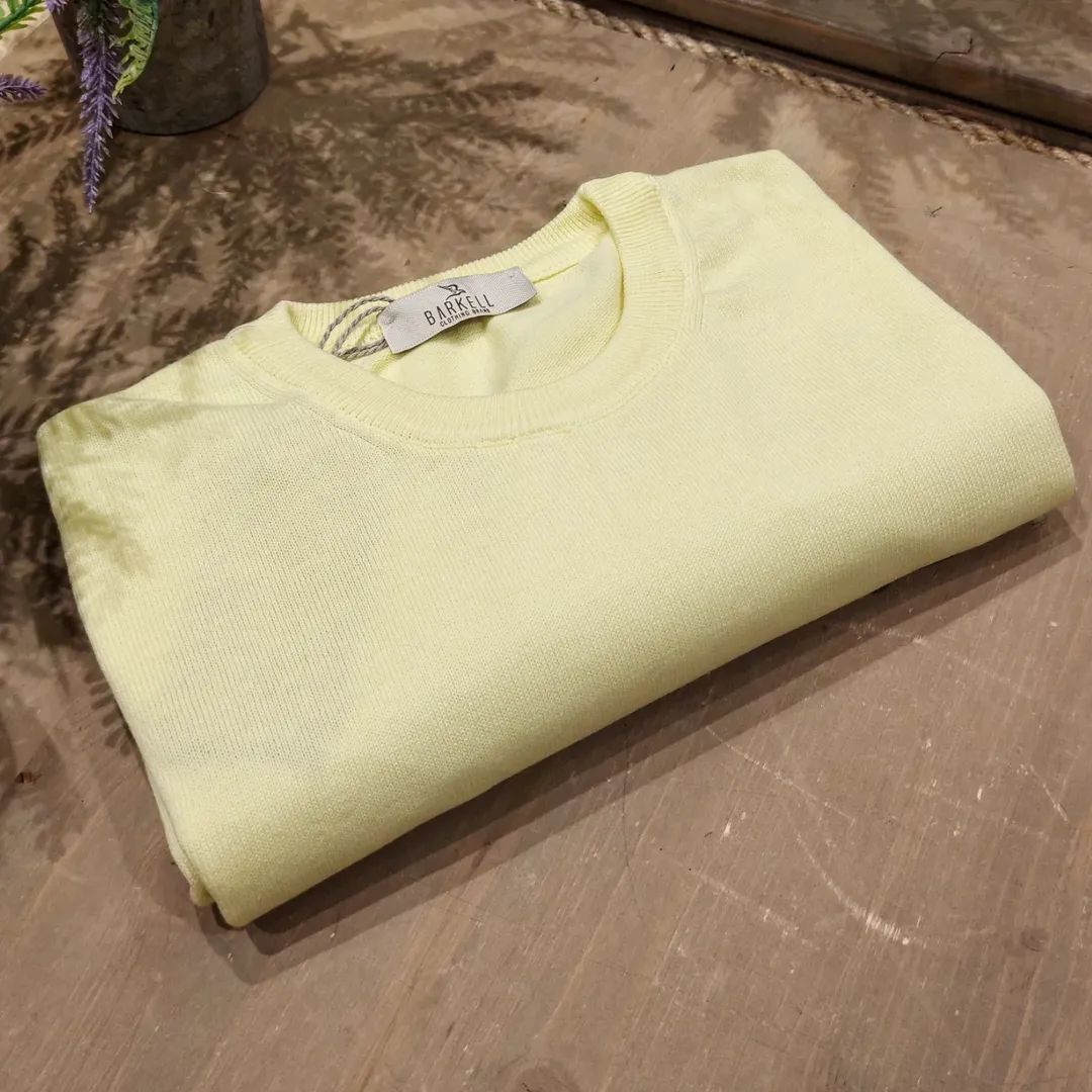 Maglia Girocollo in Puro Cotone Rasato Color Giallo Paglierino