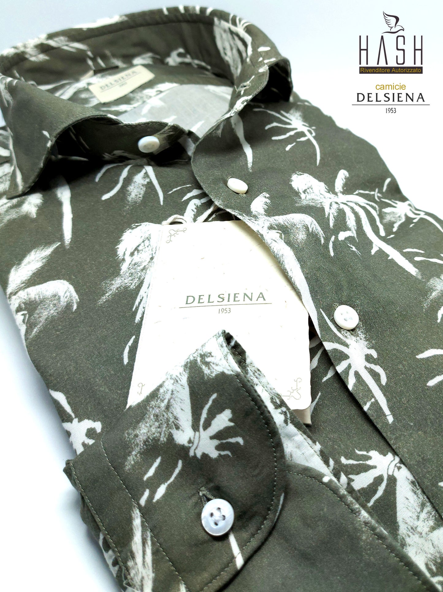 Camicia 48% Cotone 52% Cly Fantasia Palme Fondo Verde Collo Francese Cutaway