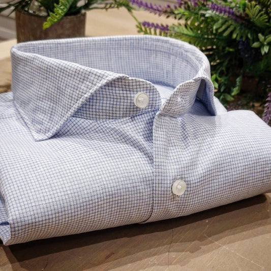Camicia in Misto Lino Quadrettino Celeste e Bianco Collo Francese Cutaway