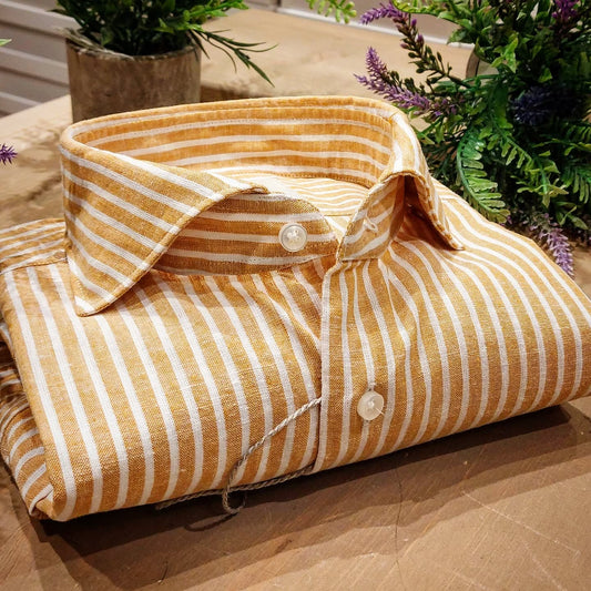 Camicia in Misto Lino Rigato Mango e Bianco Collo Francese Cutaway