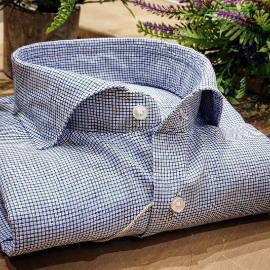 Camicia in Misto Lino Quadrettino Blu e Bianco Collo Francese Cutaway
