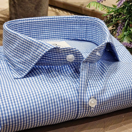 Camicia in Cotone Quadrettino Celeste e Bianco Collo Francese Cutaway