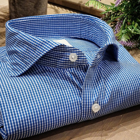 Camicia in Cotone Quadrettino Azzurro e Bianco Collo Francese Cutaway