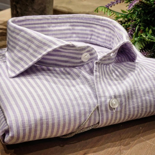 Camicia in Misto Lino Rigato Glicine e Bianco Collo Francese Cutaway