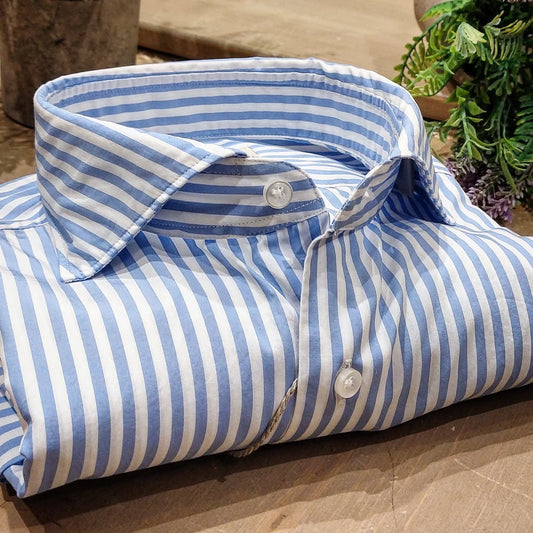 Camicia in Cotone Rigata Celeste e Bianco Collo Francese Cutaway