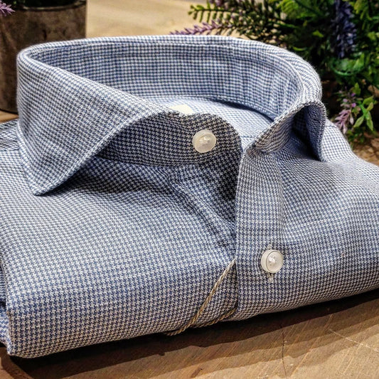 Camicia in Misto Lino Microfantasia Pied de Poule Denim e Bianco Collo Francese Cutaway