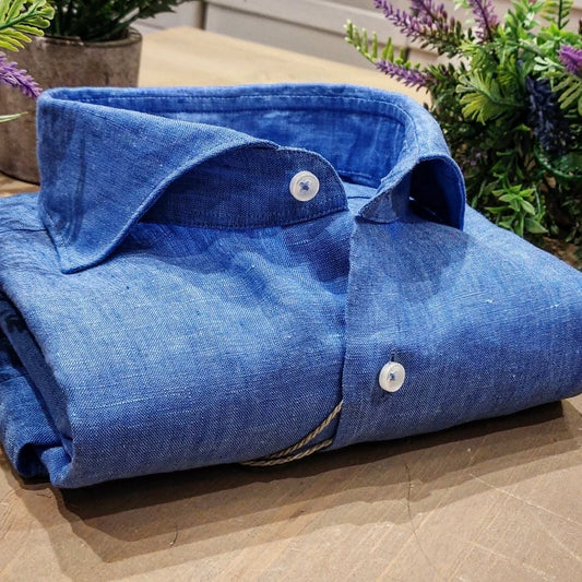 Camicia in Puro Lino Azzurro Collo Francese Cutaway