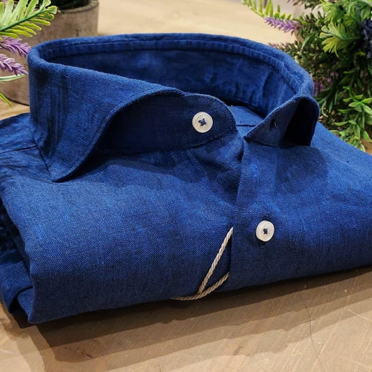Camicia in Puro Lino Blu Indaco Collo Francese Cutaway