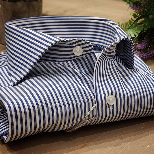 Camicia in Cotone No Stiro Rigata Bianca e Blu Collo Francese