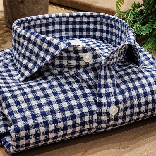 Camicia in Misto Lino Quadro Blu e Bianco Collo Francese Cutaway