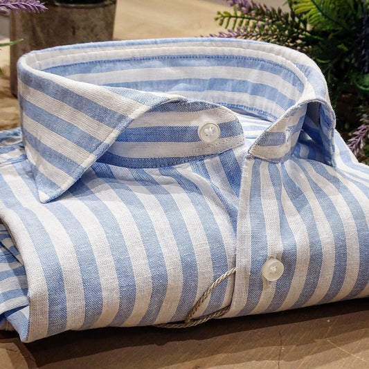 Camicia in Misto Lino Rigato Celeste e Bianco Collo Francese Cutaway