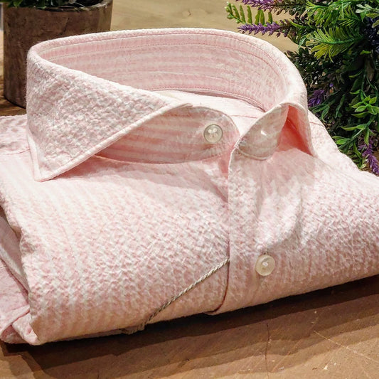 Camicia in Cotone Seersucker Rigata Rosa e Bianco Collo Francese Cutaway