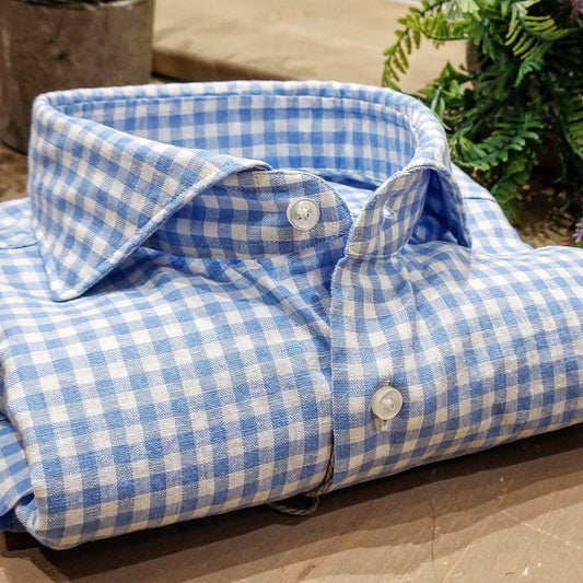 Camicia in Misto Lino Quadro Celeste e Bianco Collo Francese Cutaway