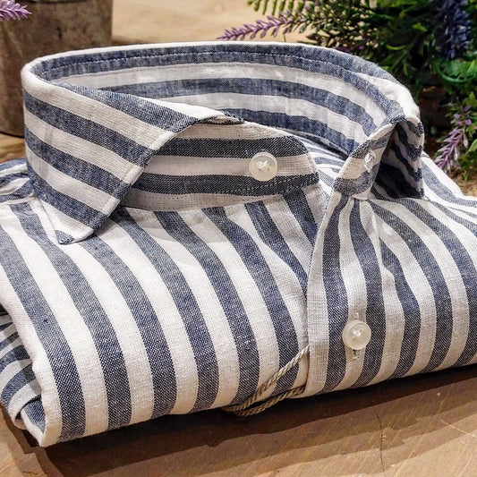 Camicia in Misto Lino Rigato Blu e Bianco Collo Francese Cutaway