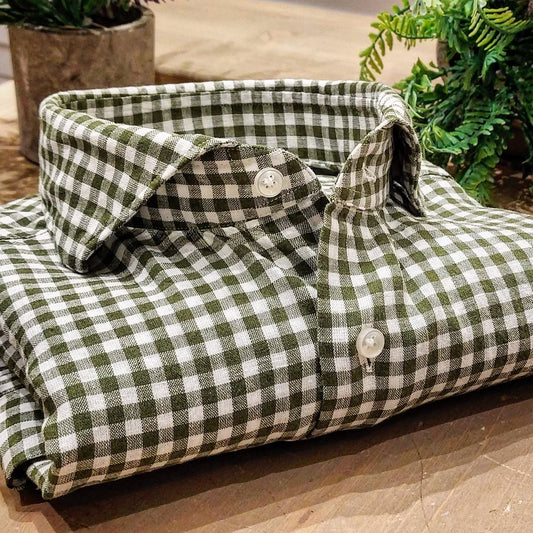 Camicia in Misto Lino Quadro Oliva e Bianco Collo Francese Cutaway