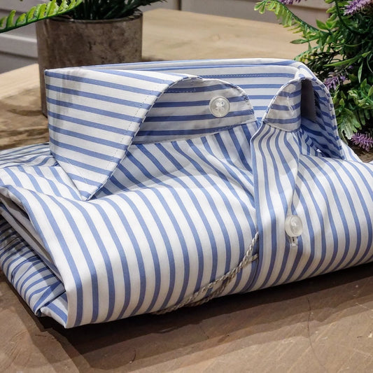 Camicia in Cotone Rigata Bianca e Celeste Collo Francese