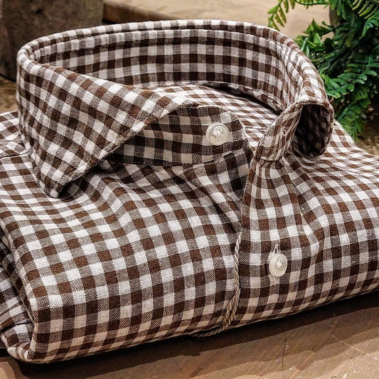 Camicia in Misto Lino Quadro Marrone e Bianco Collo Francese Cutaway