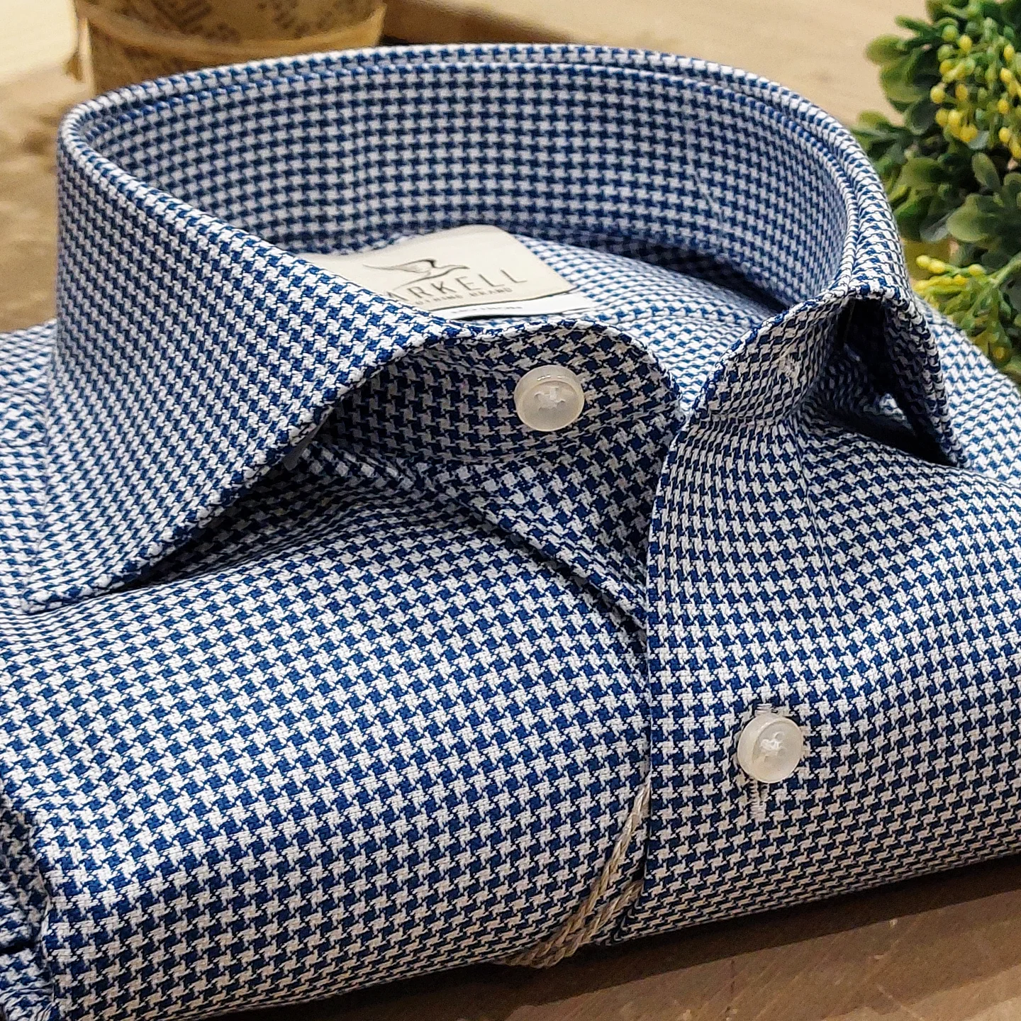 Camicia in Cotone No Stiro Microfantasia Pied de Poule Blu e Bianco Collo Francese