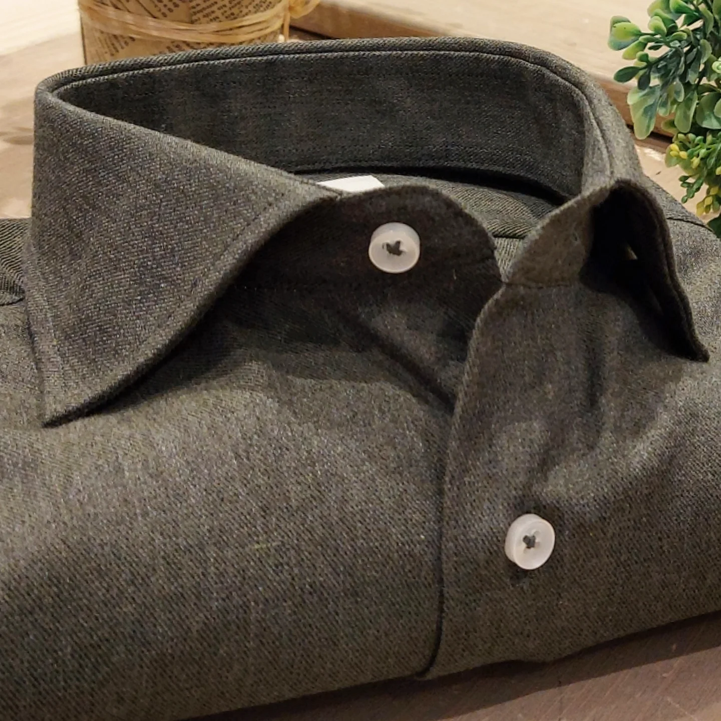 Camicia in Cotone Flanellato Verde Bosco Collo Francese