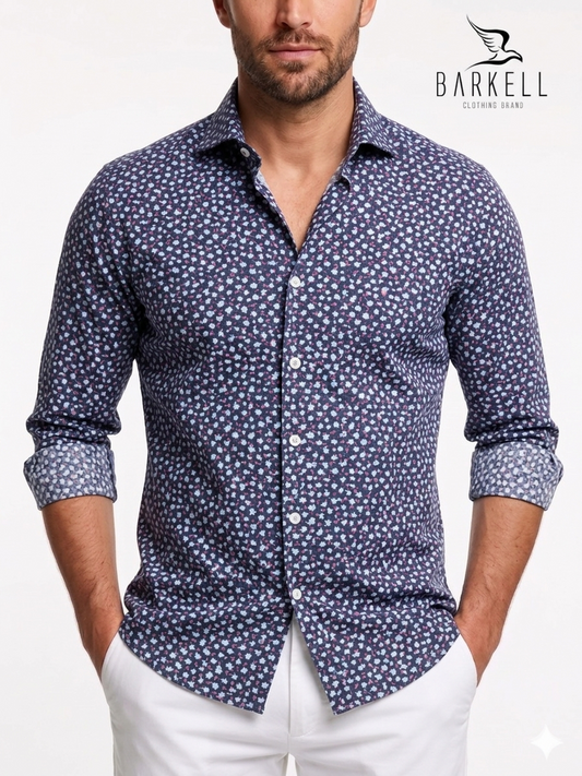 Cotton Shirt with Light Blue and Fuchsia Flowers Pattern with Blue Background. Small cutaway collar