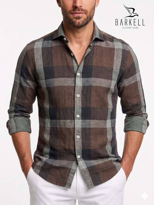 Camicia in Puro Lino Quadrone Multicolor Fondo Marrone Collo Francese Piccolo