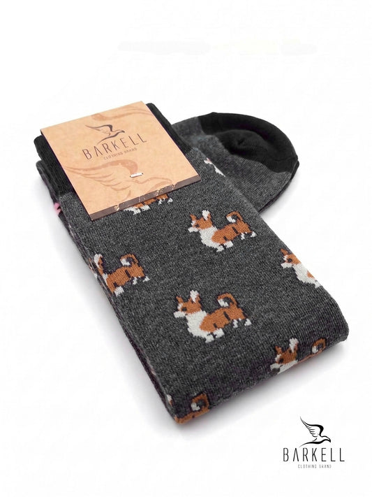 Chaussettes longues en coton chaud de haute qualité avec fond anthracite et motif chiot