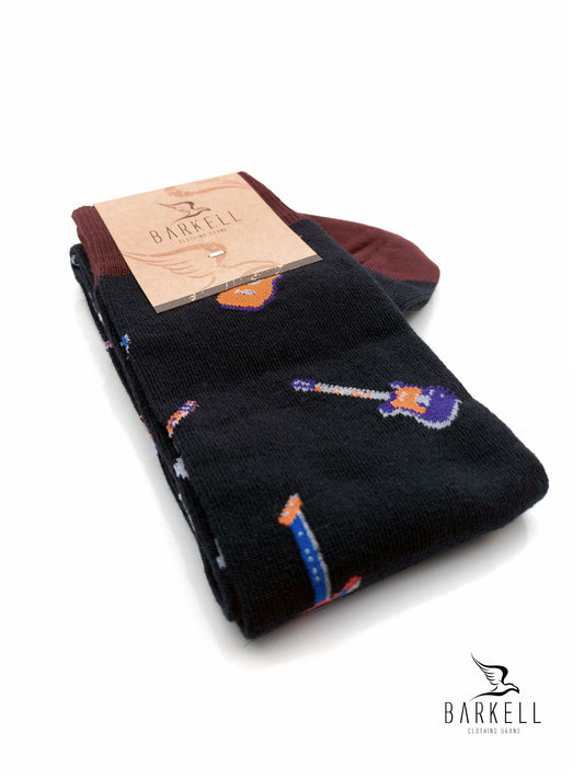 Calza Lunga In Caldo Cotone di Alta Qualità Fondo Blu Fantasia Chitarre