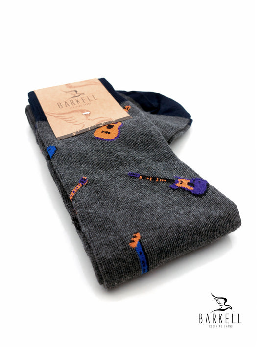 Calza Lunga In Caldo Cotone di Alta Qualità Fondo Grigio Fantasia Chitarre