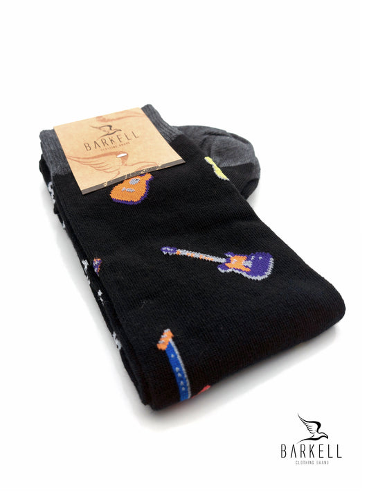 Calza Lunga In Caldo Cotone di Alta Qualità Fondo Nero Fantasia Chitarre