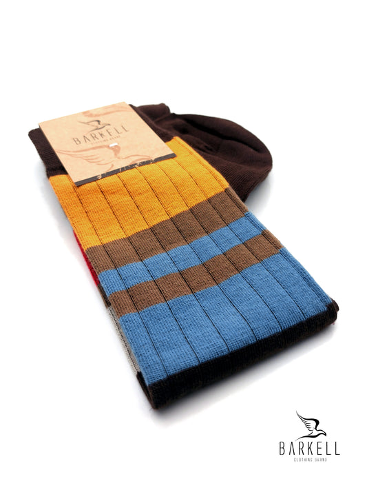 Calza Lunga In Caldo Cotone di Alta Qualità Fondo Marrone Fantasia Rigata Multicolor