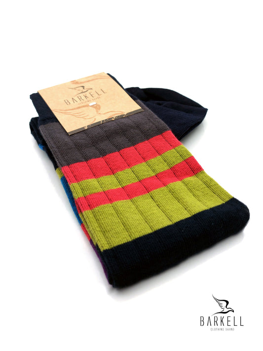 Calza Lunga In Caldo Cotone di Alta Qualità Fondo Nero Fantasia Rigata Multicolor