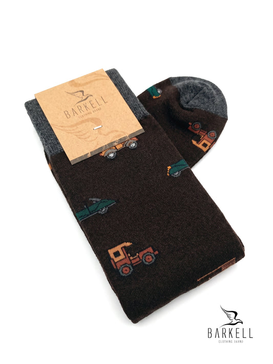 Chaussettes longues en coton chaud de haute qualité avec fond marron et motif voitures historiques