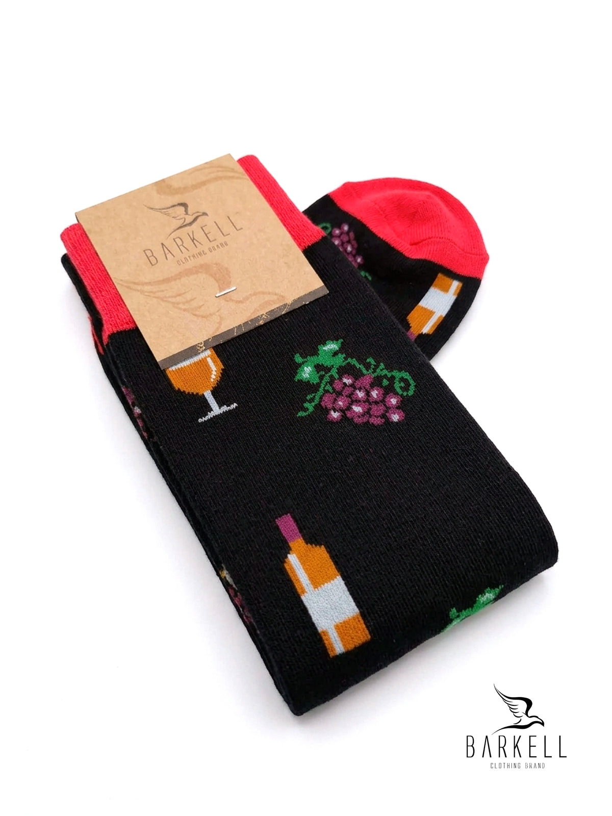 Long socks in warm high quality cotton with black background and wine pattern