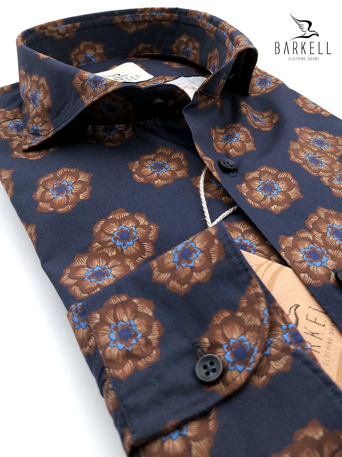 Camicia in Cotone Fantasia Fiore Marrone Fondo Blu Collo Francese Cutaway