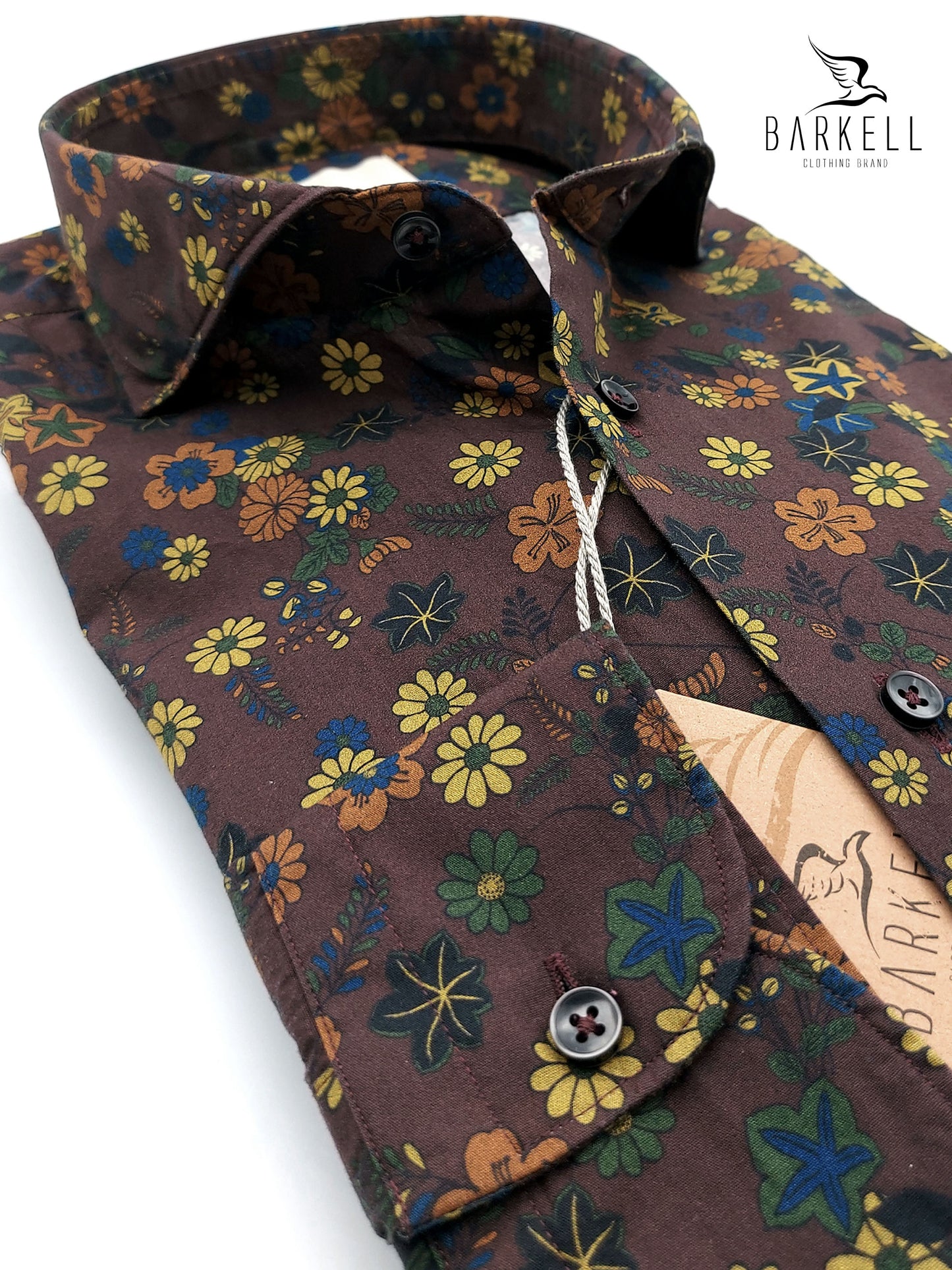 Camicia in Cotone Fantasia Floreale Multicolore Fondo Marrone Collo Francese Cutaway