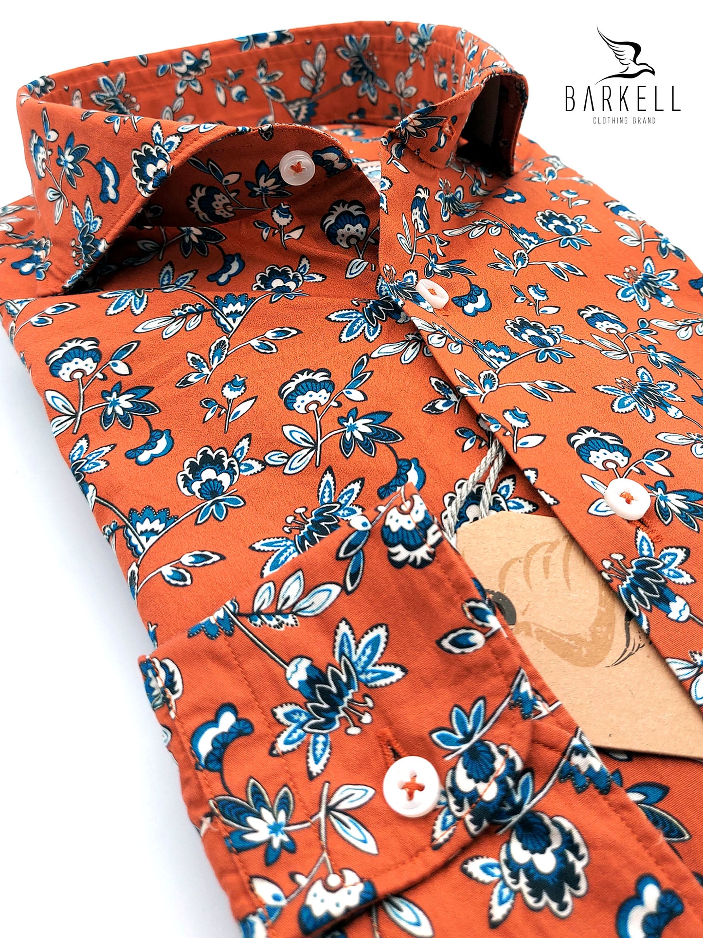 Camicia in Cotone Fantasia Fiorata Azzurro e Bianco Fondo Arancio Collo Francese Cutaway